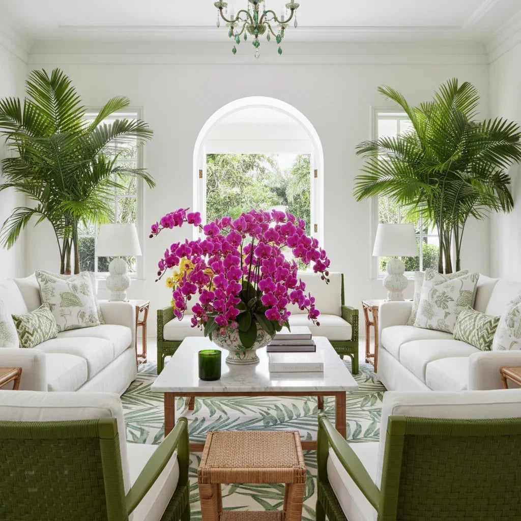 Beautiful Palm Beach Living Room with orchids and Chez Shea luxury candle in green glass