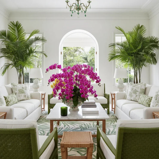 Beautiful Palm Beach Living Room with orchids and Chez Shea luxury candle in green glass
