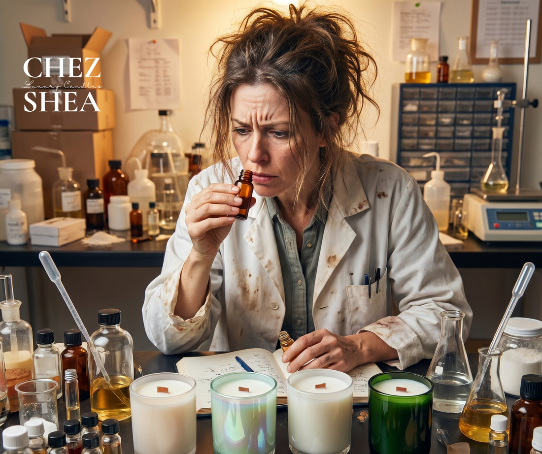 Crazed woman in a lab coat trying to blend a fragrance