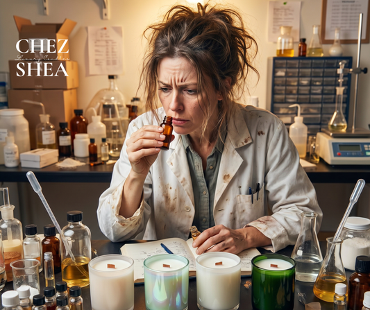 Crazed woman in a lab coat trying to blend a fragrance