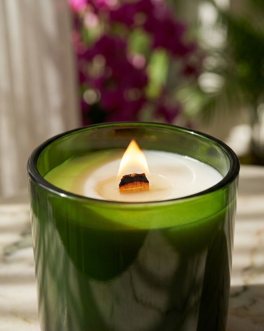 Hand-poured Chez Shea coconut wax candle with wood wick.