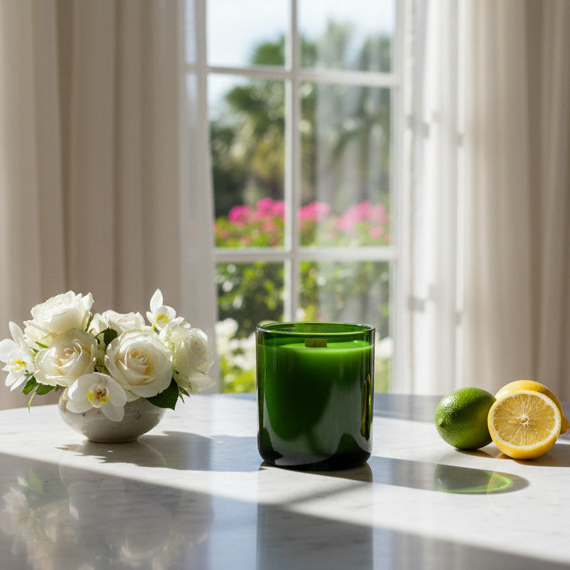 Green glass candle with white florals and citrus