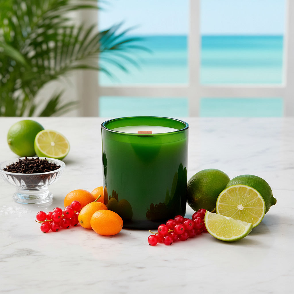 The Island luxury Palm Beach candle with red currant, citrus and amber by Chez Shea