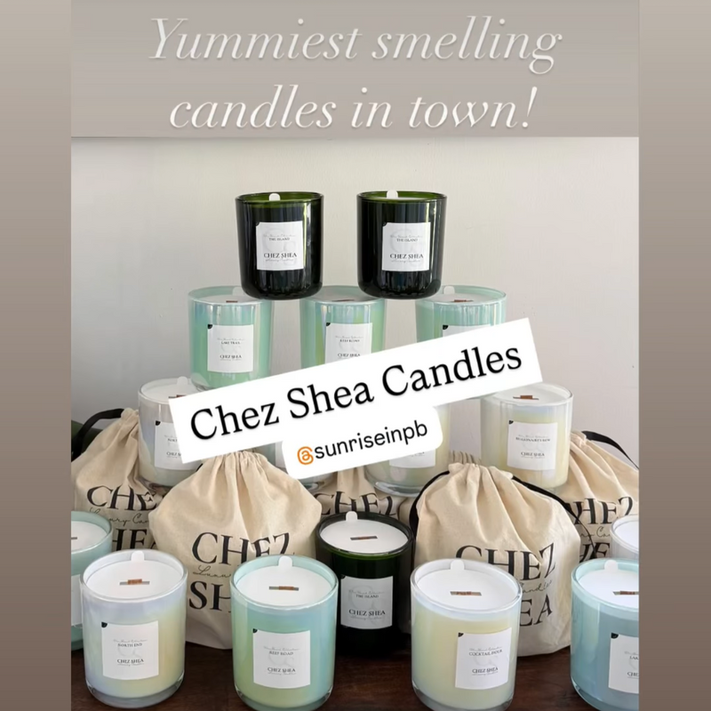 Advertisement for Chez Shea Candles with candles and packaging displayed.